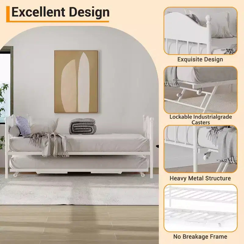 Lit de repos avec lit gigogne, lit de repos double en métal, cadre de lit de repos avec lit gigogne pliable, plateforme à lattes en acier robuste pour salon, chambre à coucher