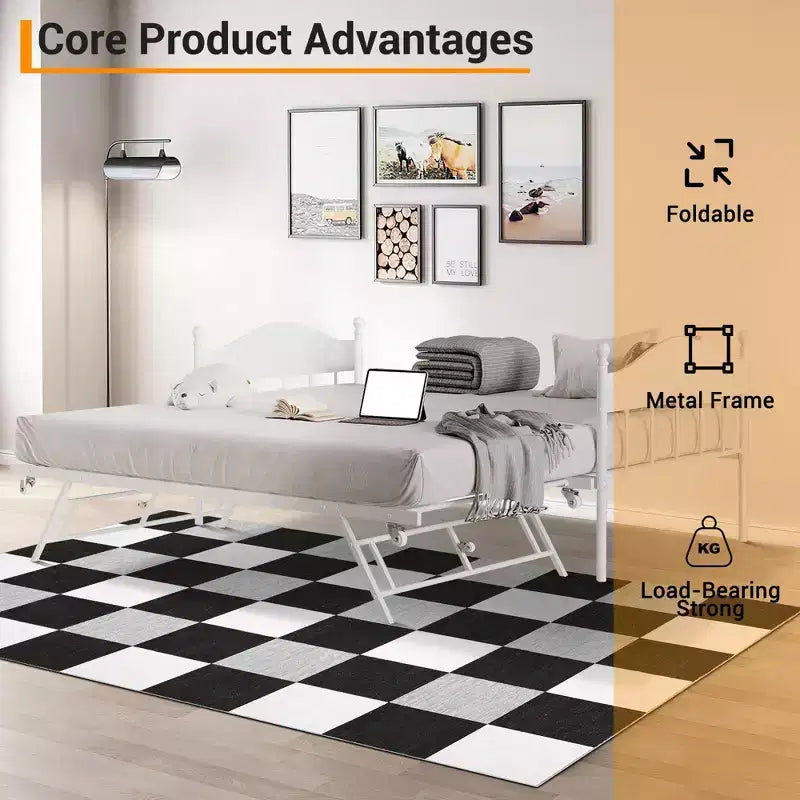 Lit de repos avec lit gigogne, lit de repos double en métal, cadre de lit de repos avec lit gigogne pliable, plateforme à lattes en acier robuste pour salon, chambre à coucher