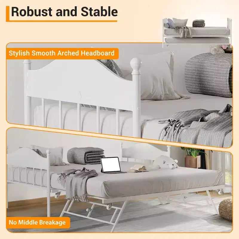 Lit de repos avec lit gigogne, lit de repos double en métal, cadre de lit de repos avec lit gigogne pliable, plateforme à lattes en acier robuste pour salon, chambre à coucher
