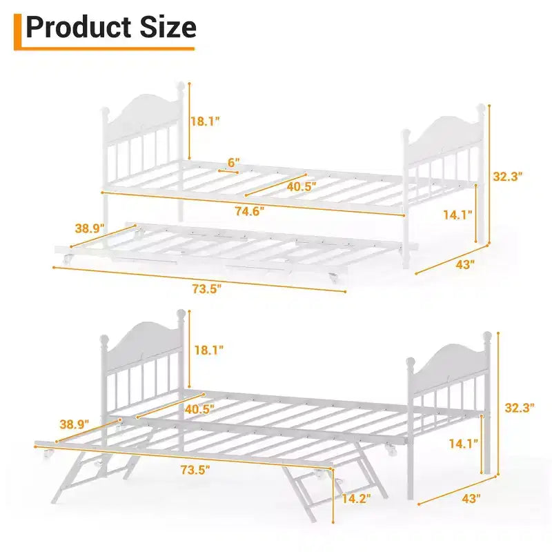Lit de repos avec lit gigogne, lit de repos double en métal, cadre de lit de repos avec lit gigogne pliable, plateforme à lattes en acier robuste pour salon, chambre à coucher