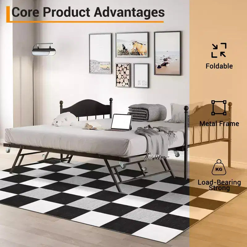 Lit de repos avec lit gigogne, lit de repos double en métal, cadre de lit de repos avec lit gigogne pliable, plateforme à lattes en acier robuste pour salon, chambre à coucher