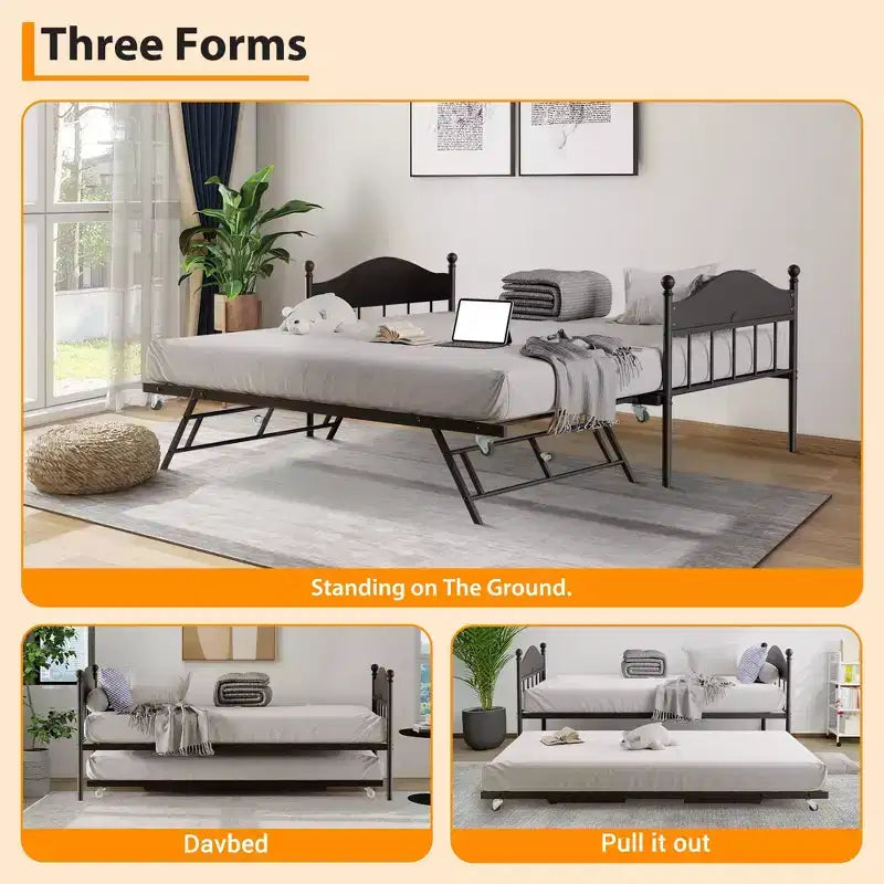 Lit de repos avec lit gigogne, lit de repos double en métal, cadre de lit de repos avec lit gigogne pliable, plateforme à lattes en acier robuste pour salon, chambre à coucher