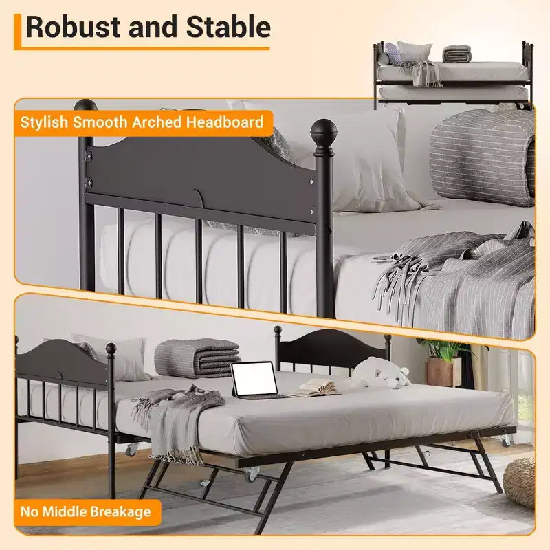 Lit de repos avec lit gigogne, lit de repos double en métal, cadre de lit de repos avec lit gigogne pliable, plateforme à lattes en acier robuste pour salon, chambre à coucher