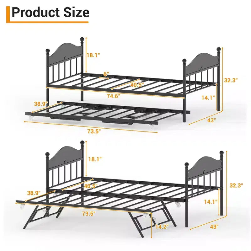 Lit de repos avec lit gigogne, lit de repos double en métal, cadre de lit de repos avec lit gigogne pliable, plateforme à lattes en acier robuste pour salon, chambre à coucher