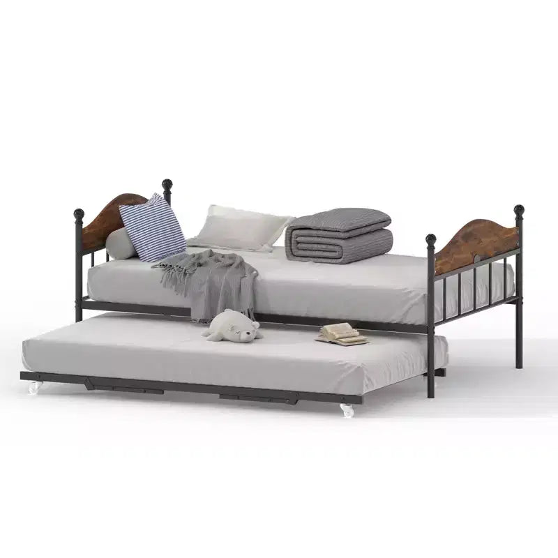 Lit de repos avec lit gigogne, lit de repos double en métal, cadre de lit de repos avec lit gigogne pliable, plateforme à lattes en acier robuste pour salon, chambre à coucher