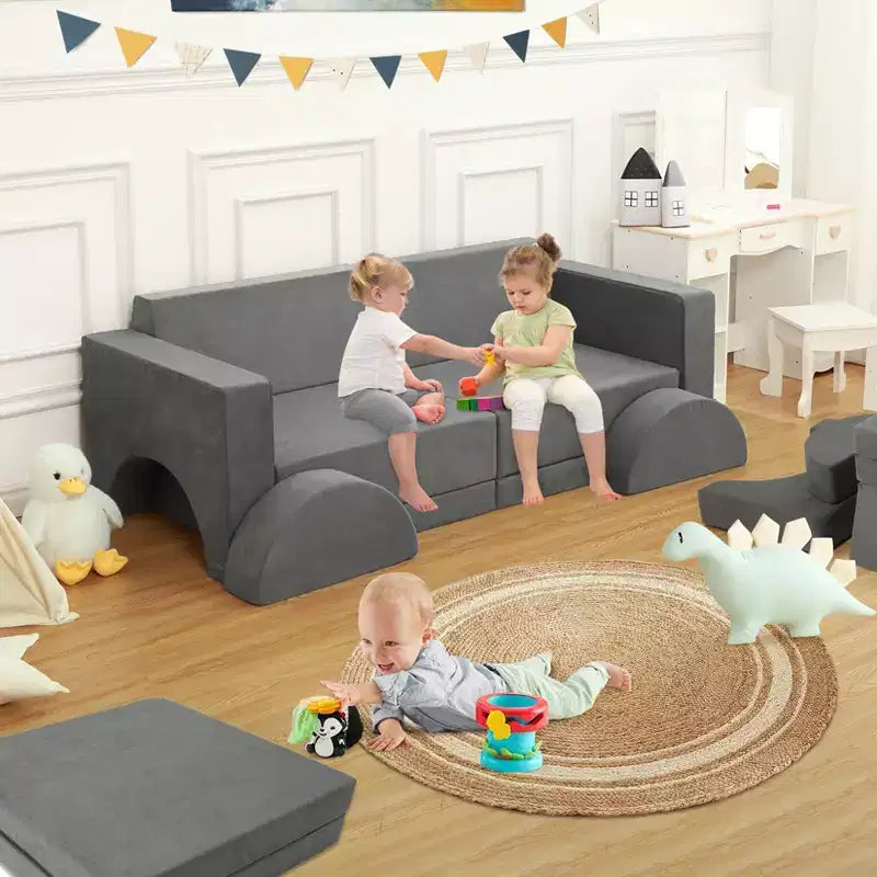 Canapé de jeu pour enfants, canapé modulaire 8 pièces pour tout-petits, canapé de jeu pour enfants pour salle de jeux ou chambre d'enfant, canapé convertible pour enfants avec housse amovible, gris foncé