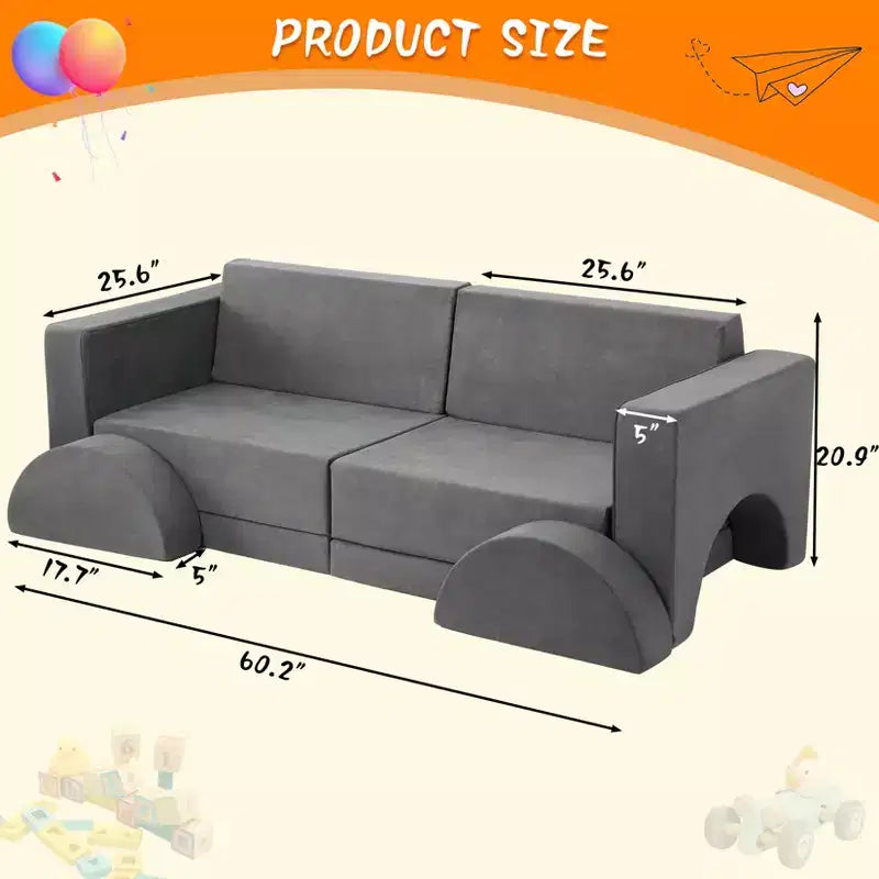 Canapé de jeu pour enfants, canapé modulaire 8 pièces pour tout-petits, canapé de jeu pour enfants pour salle de jeux ou chambre d'enfant, canapé convertible pour enfants avec housse amovible, gris foncé