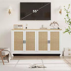 Armoire de rangement moderne en rotin avec 4 portes tissées et étagère réglable - Table console et meuble bar pour cuisine, salle à manger et salon, armoire d'appoint