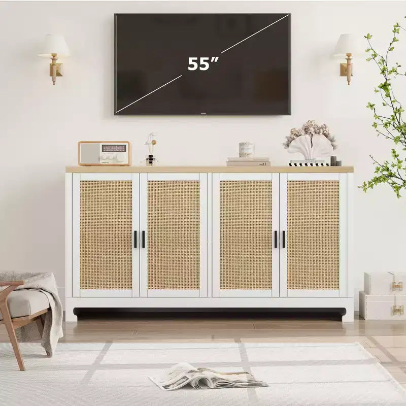 Armoire de rangement moderne en rotin avec 4 portes tissées et étagère réglable - Table console et meuble bar pour cuisine, salle à manger et salon, armoire d'appoint