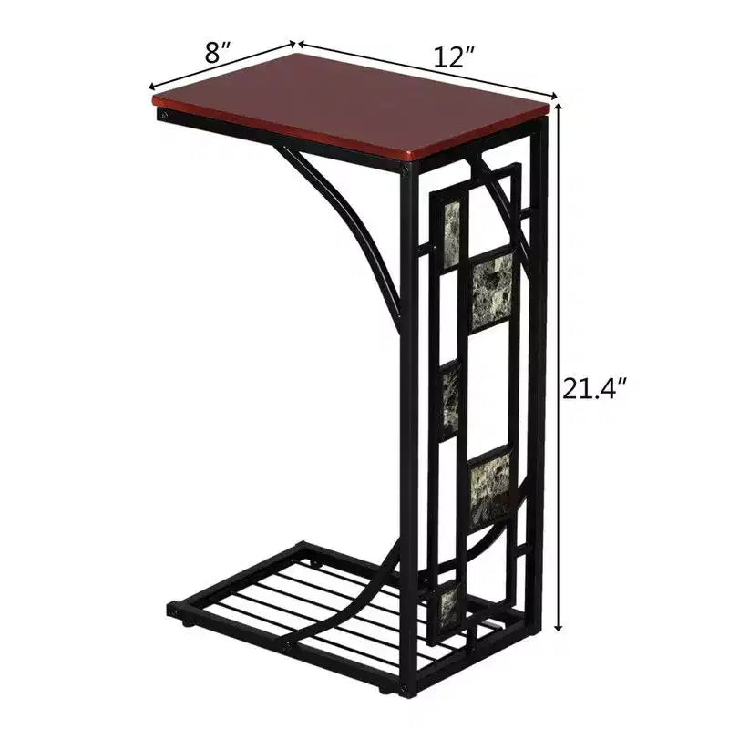 Table d'appoint en forme de C à couche unique, démontée et assemblée, avec plateau en panneau de densité marron, cadre en fer thermolaqué noir et motif de gravier