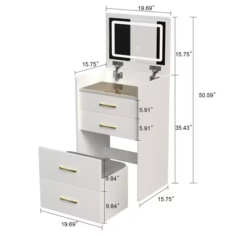 Coiffeuse Maquillage 3 en 1, Table de Maquillage Compacte avec Banc, Miroir Lumineux, Tiroirs et Plateau en Verre Visible, Blanc - ModernLuxe