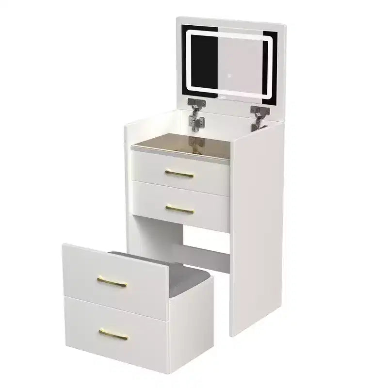 Coiffeuse Maquillage 3 en 1, Table de Maquillage Compacte avec Banc, Miroir Lumineux, Tiroirs et Plateau en Verre Visible, Blanc - ModernLuxe