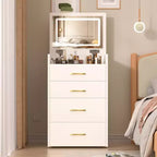 Coiffeuse Maquillage 3 en 1, Table de Maquillage Compacte avec Banc, Miroir Lumineux, Tiroirs et Plateau en Verre Visible, Blanc - ModernLuxe