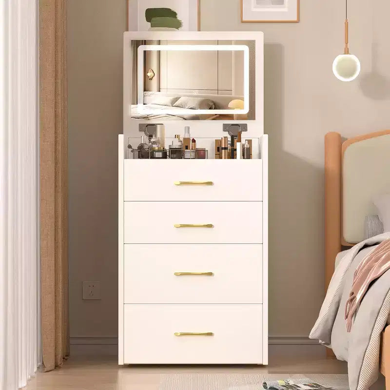 Coiffeuse Maquillage 3 en 1, Table de Maquillage Compacte avec Banc, Miroir Lumineux, Tiroirs et Plateau en Verre Visible, Blanc - ModernLuxe