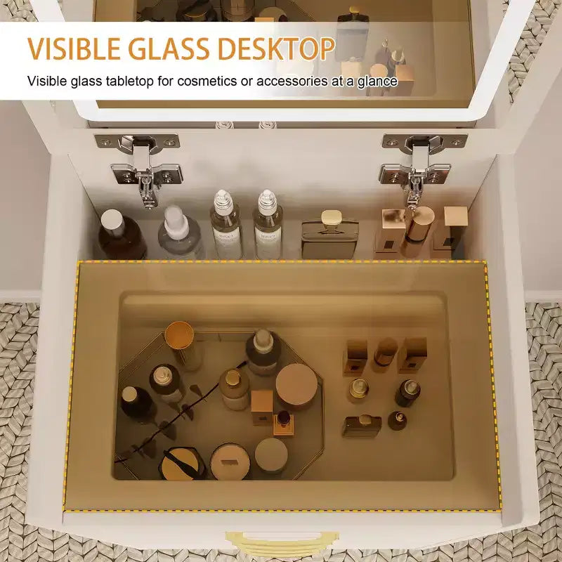 Coiffeuse Maquillage 3 en 1, Table de Maquillage Compacte avec Banc, Miroir Lumineux, Tiroirs et Plateau en Verre Visible, Blanc - ModernLuxe