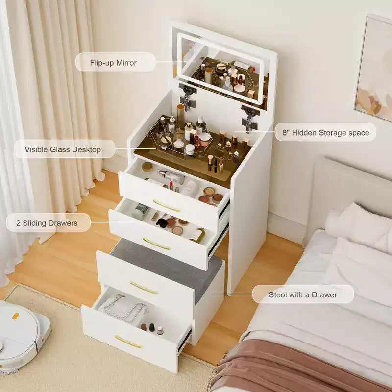 Coiffeuse Maquillage 3 en 1, Table de Maquillage Compacte avec Banc, Miroir Lumineux, Tiroirs et Plateau en Verre Visible, Blanc - ModernLuxe