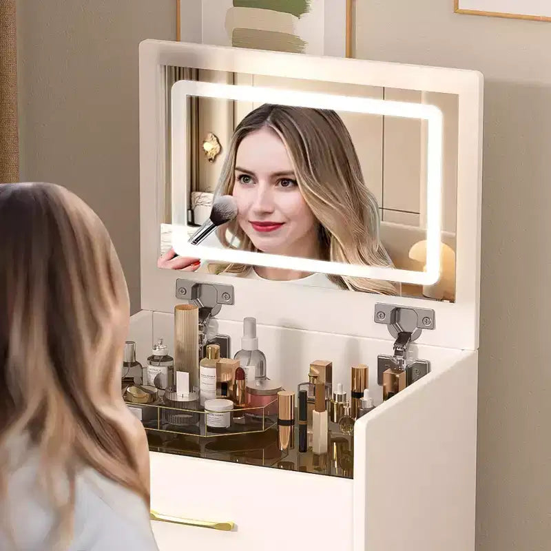 Coiffeuse Maquillage 3 en 1, Table de Maquillage Compacte avec Banc, Miroir Lumineux, Tiroirs et Plateau en Verre Visible, Blanc - ModernLuxe