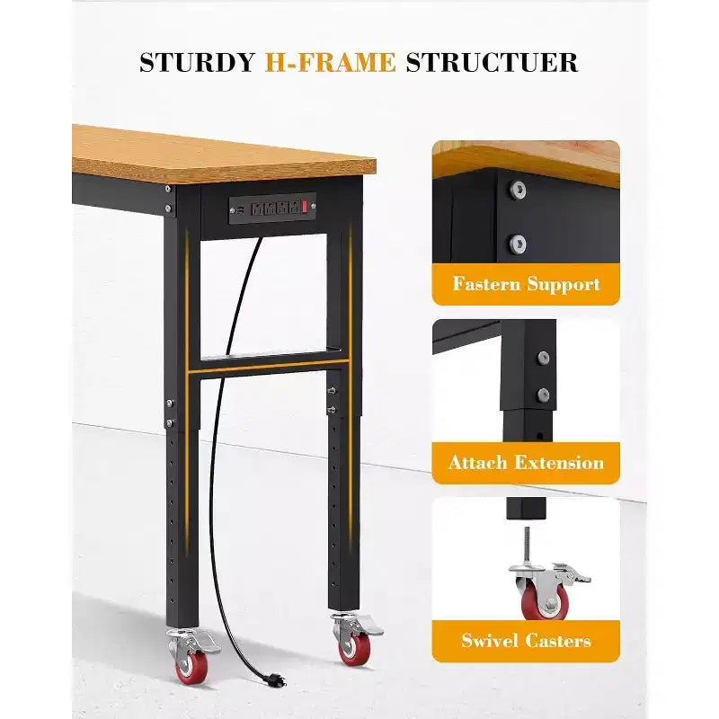 Établi de garage Acekool 60 po réglable en hauteur avec plateau en bois massif, capacité de 2200 lb, prises de courant et pieds antidérapants, robuste