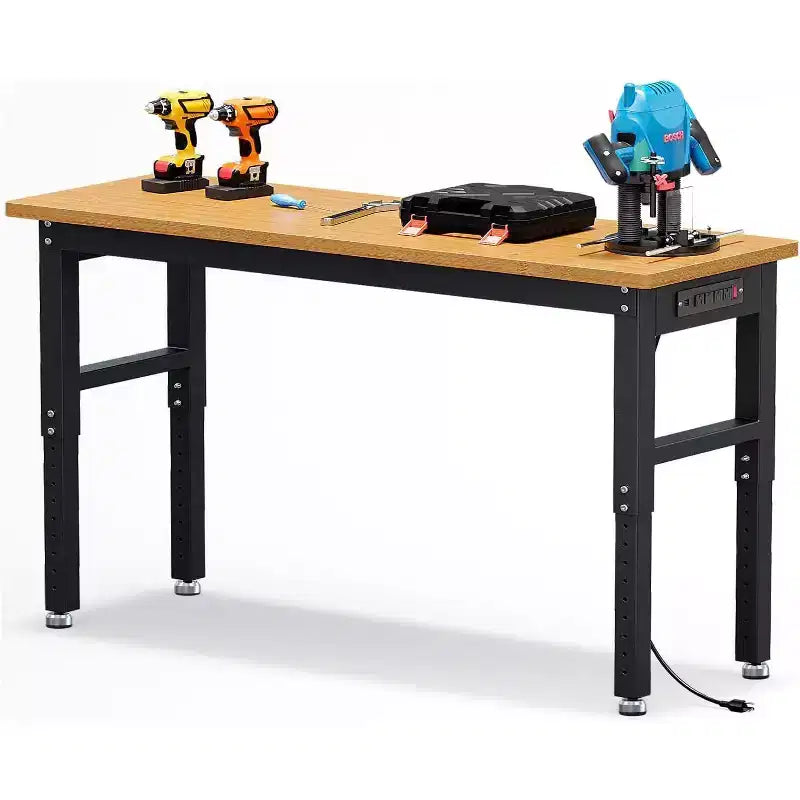 Établi de garage Acekool 60 po réglable en hauteur avec plateau en bois massif, capacité de 2200 lb, prises de courant et pieds antidérapants, robuste