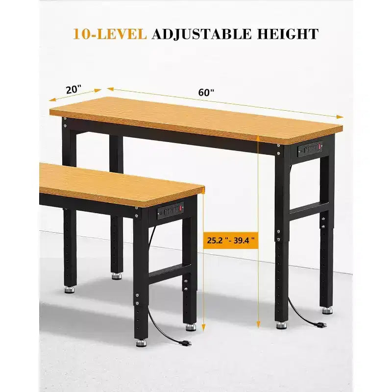 Établi de garage Acekool 60 po réglable en hauteur avec plateau en bois massif, capacité de 2200 lb, prises de courant et pieds antidérapants, robuste