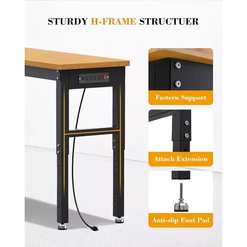 Établi de garage Acekool 60 po réglable en hauteur avec plateau en bois massif, capacité de 2200 lb, prises de courant et pieds antidérapants, robuste