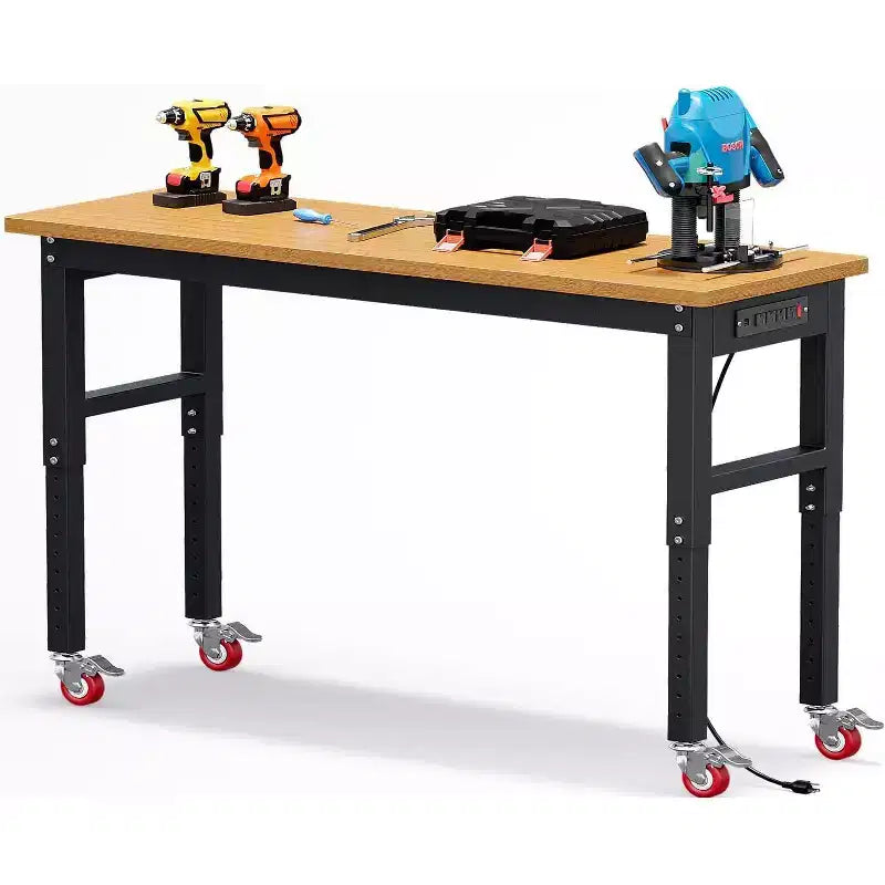 Établi de garage Acekool 60 po réglable en hauteur avec plateau en bois massif, capacité de 2200 lb, prises de courant et pieds antidérapants, robuste