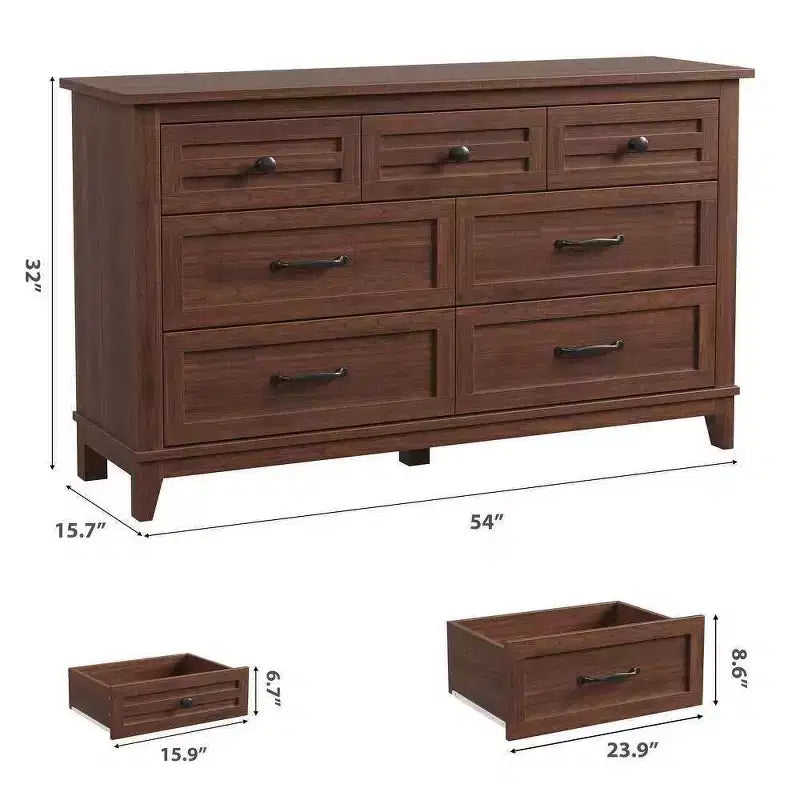 Commode 7 tiroirs Coolmee pour chambre à coucher, commode rustique en bois à texture naturelle, organiseur de rangement pour chambre à coucher, salon