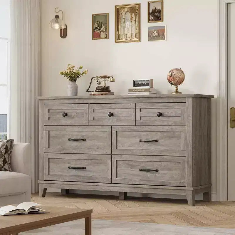 Commode 7 tiroirs Coolmee pour chambre à coucher, commode rustique en bois à texture naturelle, organiseur de rangement pour chambre à coucher, salon