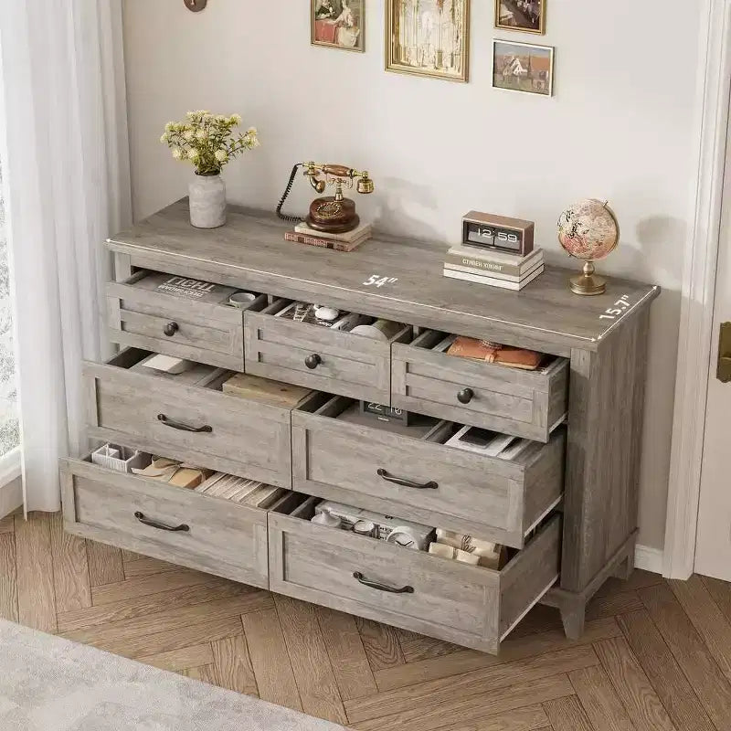 Commode 7 tiroirs Coolmee pour chambre à coucher, commode rustique en bois à texture naturelle, organiseur de rangement pour chambre à coucher, salon