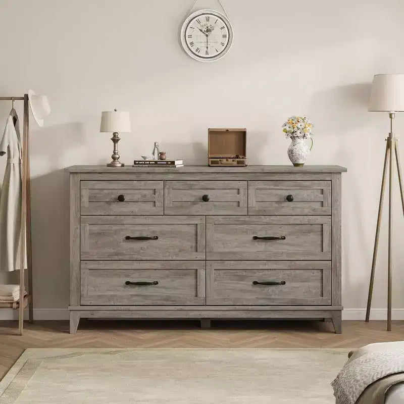 Commode 7 tiroirs Coolmee pour chambre à coucher, commode rustique en bois à texture naturelle, organiseur de rangement pour chambre à coucher, salon