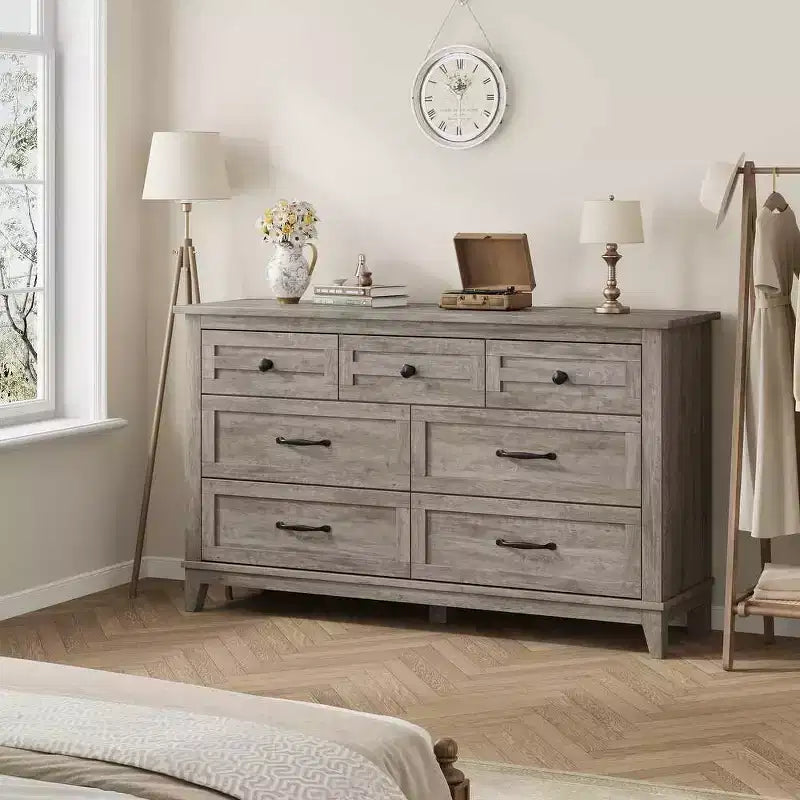 Commode 7 tiroirs Coolmee pour chambre à coucher, commode rustique en bois à texture naturelle, organiseur de rangement pour chambre à coucher, salon