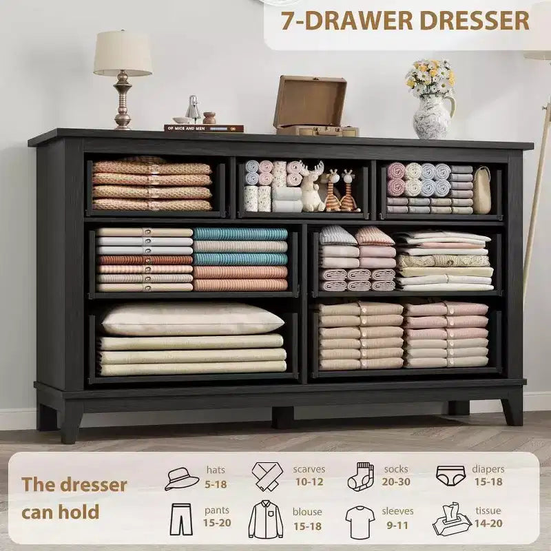 Commode 7 tiroirs Coolmee pour chambre à coucher, commode rustique en bois à texture naturelle, organiseur de rangement pour chambre à coucher, salon