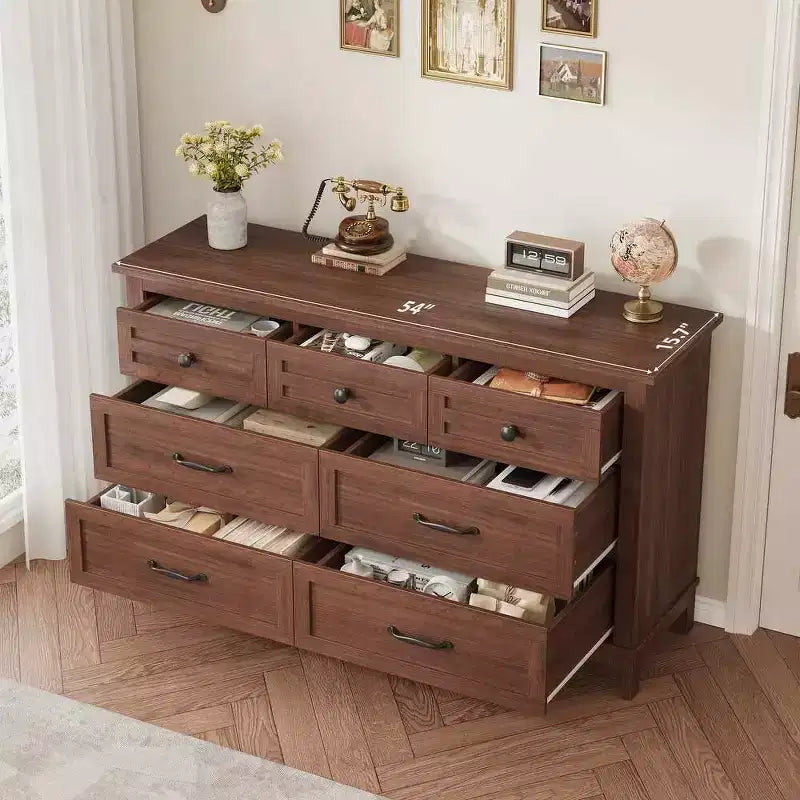 Commode 7 tiroirs Coolmee pour chambre à coucher, commode rustique en bois à texture naturelle, organiseur de rangement pour chambre à coucher, salon