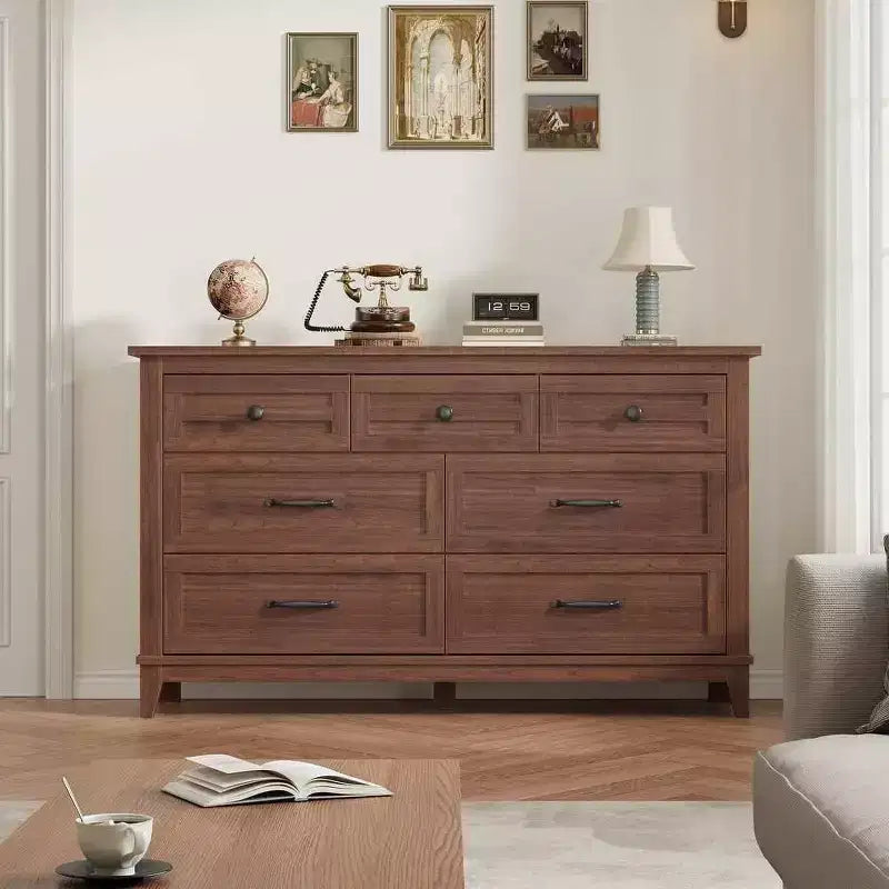 Commode 7 tiroirs Coolmee pour chambre à coucher, commode rustique en bois à texture naturelle, organiseur de rangement pour chambre à coucher, salon