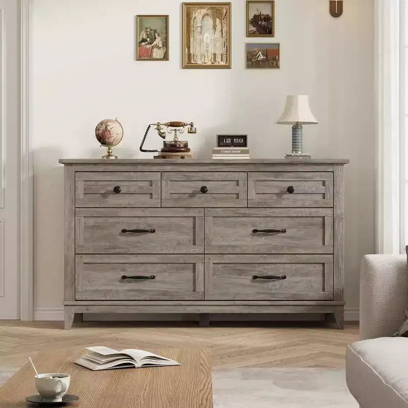 Commode 7 tiroirs Coolmee pour chambre à coucher, commode rustique en bois à texture naturelle, organiseur de rangement pour chambre à coucher, salon