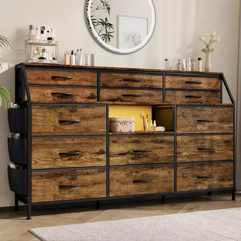 Commode de Chambre à Coucher avec 14 Tiroirs, Commode de 55" de Large avec Poche Latérale, Commode et Tiroirs en Tissu avec Étagères, Cadre Robuste, Plateau en Bois