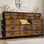 Commode de Chambre à Coucher avec 14 Tiroirs, Commode de 55" de Large avec Poche Latérale, Commode et Tiroirs en Tissu avec Étagères, Cadre Robuste, Plateau en Bois