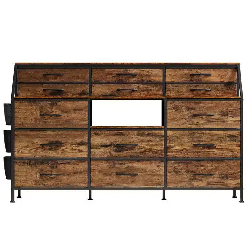 Commode de Chambre à Coucher avec 14 Tiroirs, Commode de 55" de Large avec Poche Latérale, Commode et Tiroirs en Tissu avec Étagères, Cadre Robuste, Plateau en Bois