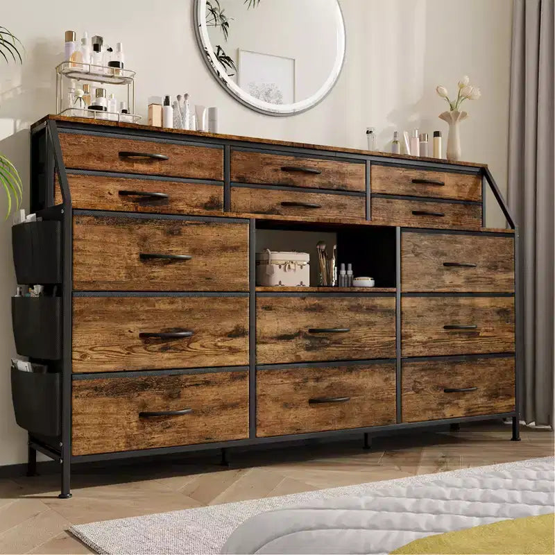 Commode de Chambre à Coucher avec 14 Tiroirs, Commode de 55" de Large avec Poche Latérale, Commode et Tiroirs en Tissu avec Étagères, Cadre Robuste, Plateau en Bois