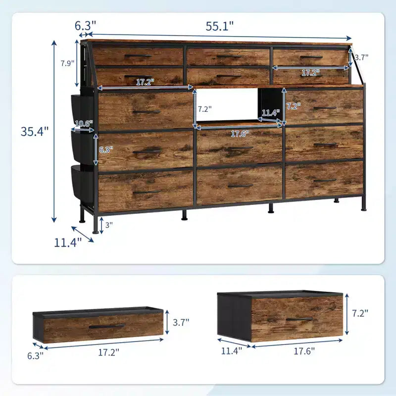 Commode de Chambre à Coucher avec 14 Tiroirs, Commode de 55" de Large avec Poche Latérale, Commode et Tiroirs en Tissu avec Étagères, Cadre Robuste, Plateau en Bois