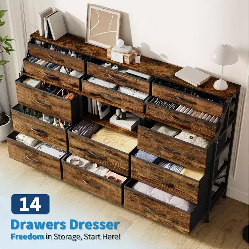 Commode de Chambre à Coucher avec 14 Tiroirs, Commode de 55" de Large avec Poche Latérale, Commode et Tiroirs en Tissu avec Étagères, Cadre Robuste, Plateau en Bois