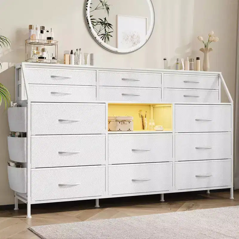 Commode de Chambre à Coucher avec 14 Tiroirs, Commode de 55" de Large avec Poche Latérale, Commode et Tiroirs en Tissu avec Étagères, Cadre Robuste, Plateau en Bois