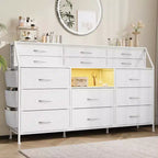 Commode de Chambre à Coucher avec 14 Tiroirs, Commode de 55" de Large avec Poche Latérale, Commode et Tiroirs en Tissu avec Étagères, Cadre Robuste, Plateau en Bois