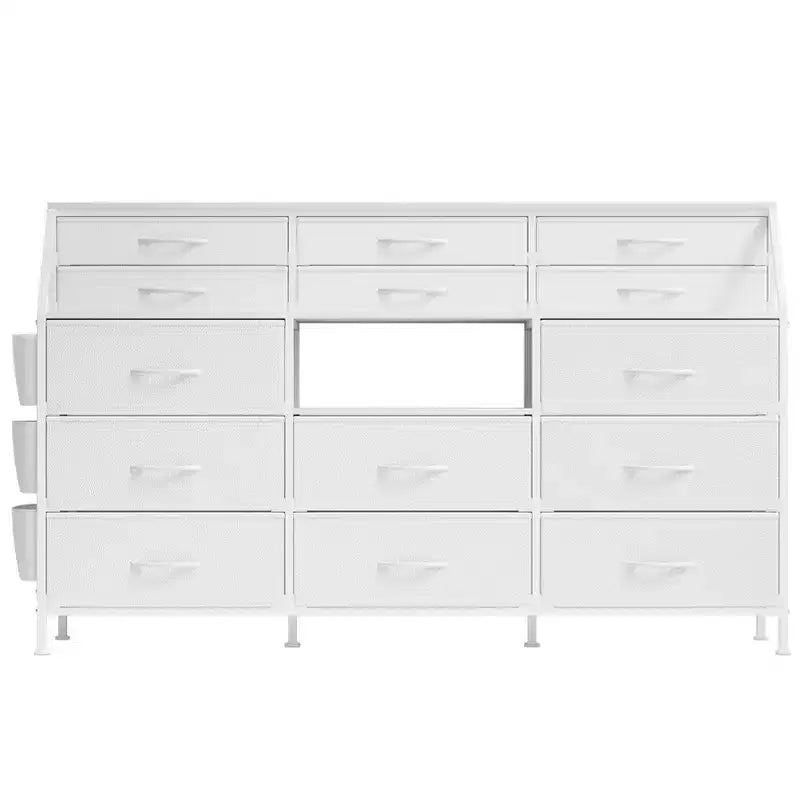 Commode de Chambre à Coucher avec 14 Tiroirs, Commode de 55" de Large avec Poche Latérale, Commode et Tiroirs en Tissu avec Étagères, Cadre Robuste, Plateau en Bois