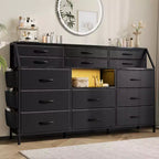 Commode de Chambre à Coucher avec 14 Tiroirs, Commode de 55" de Large avec Poche Latérale, Commode et Tiroirs en Tissu avec Étagères, Cadre Robuste, Plateau en Bois