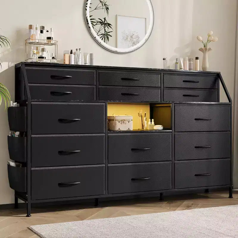 Commode de Chambre à Coucher avec 14 Tiroirs, Commode de 55" de Large avec Poche Latérale, Commode et Tiroirs en Tissu avec Étagères, Cadre Robuste, Plateau en Bois