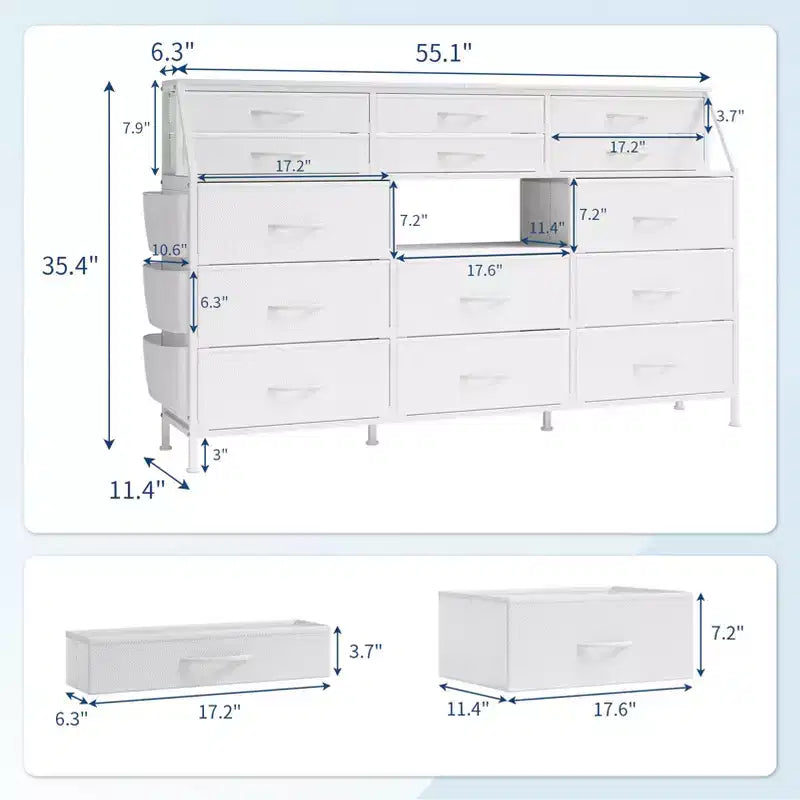 Commode de Chambre à Coucher avec 14 Tiroirs, Commode de 55" de Large avec Poche Latérale, Commode et Tiroirs en Tissu avec Étagères, Cadre Robuste, Plateau en Bois