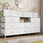 Commode de Chambre à Coucher avec 14 Tiroirs, Commode de 55" de Large avec Poche Latérale, Commode et Tiroirs en Tissu avec Étagères, Cadre Robuste, Plateau en Bois