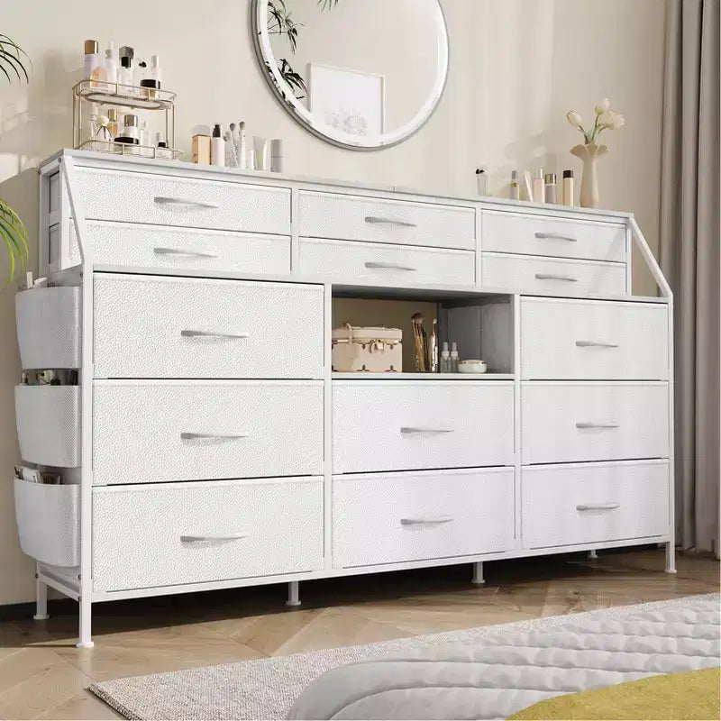Commode de Chambre à Coucher avec 14 Tiroirs, Commode de 55" de Large avec Poche Latérale, Commode et Tiroirs en Tissu avec Étagères, Cadre Robuste, Plateau en Bois