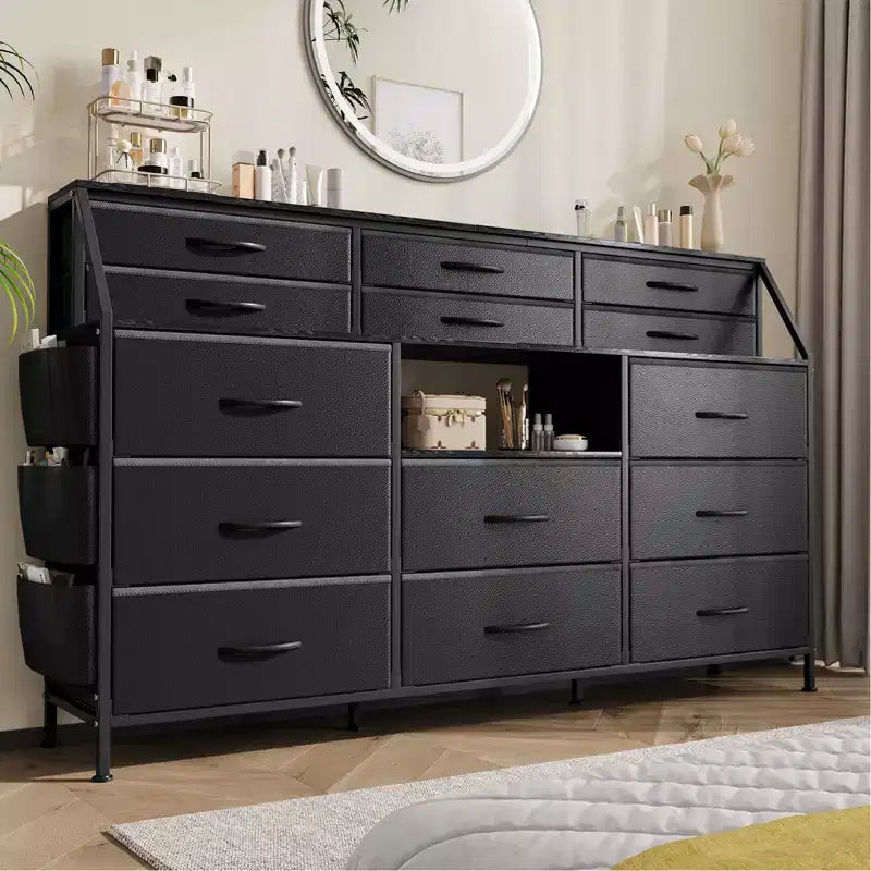 Commode de Chambre à Coucher avec 14 Tiroirs, Commode de 55" de Large avec Poche Latérale, Commode et Tiroirs en Tissu avec Étagères, Cadre Robuste, Plateau en Bois